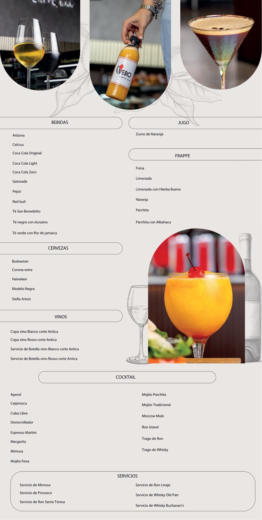 Carta Vero Caffè Bar — bebidas y cocktails
