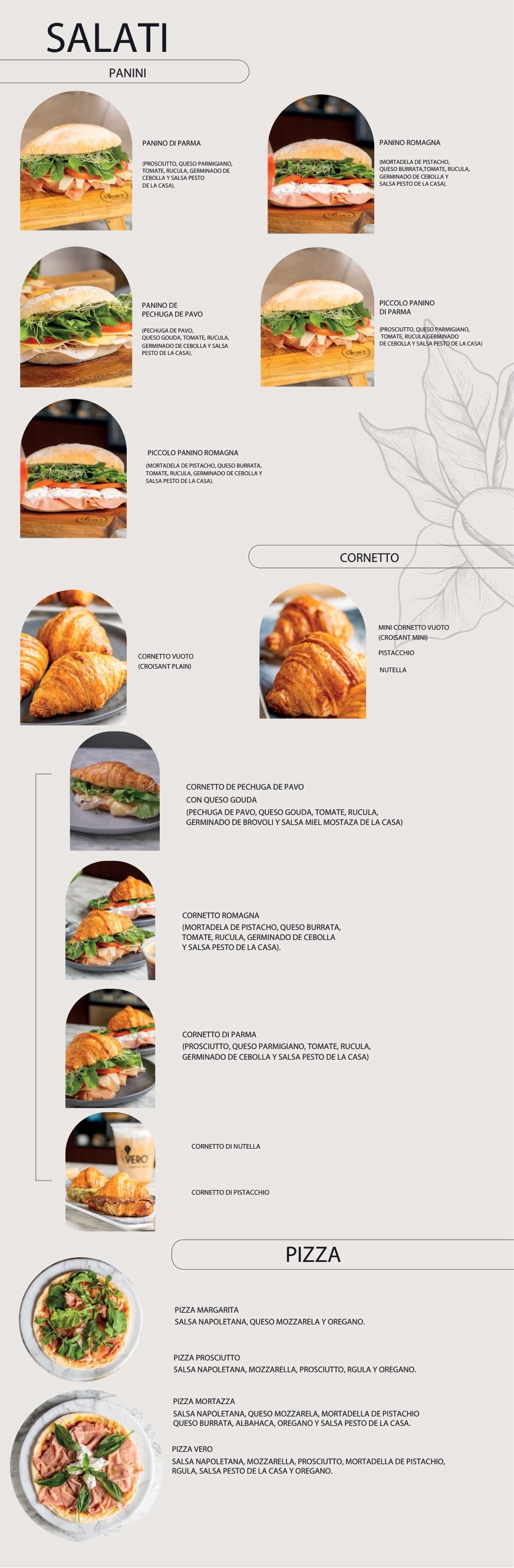 Carta Vero Caffè Bar — salati y cornetto