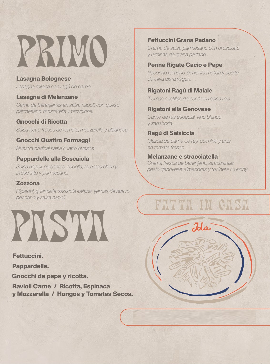 Menú Vero Caffè Trattoria — Primo, Pasta